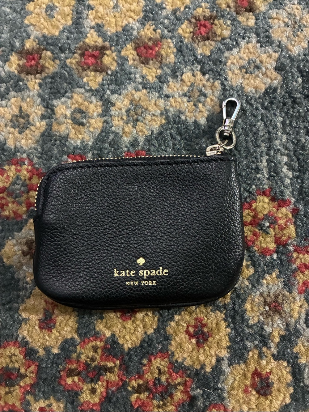 kate spade Black Pebbled Leather Zip Coin Pouch with Clip-NWOT